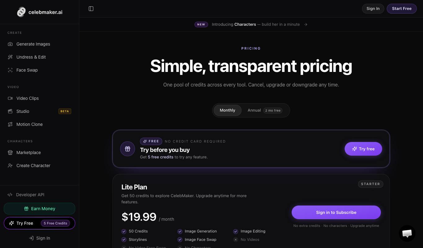 CelebMakerAI pricing page