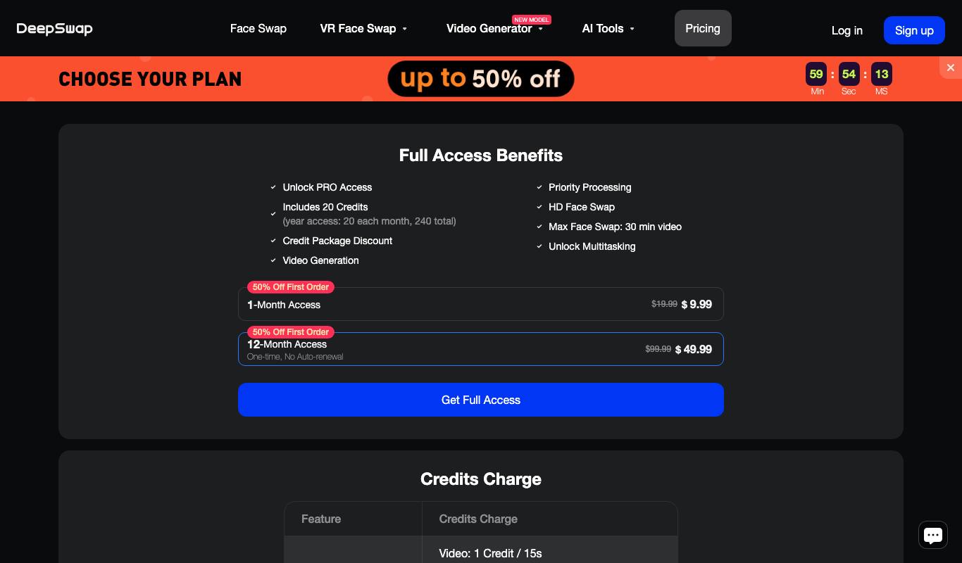 DeepSwap pricing page