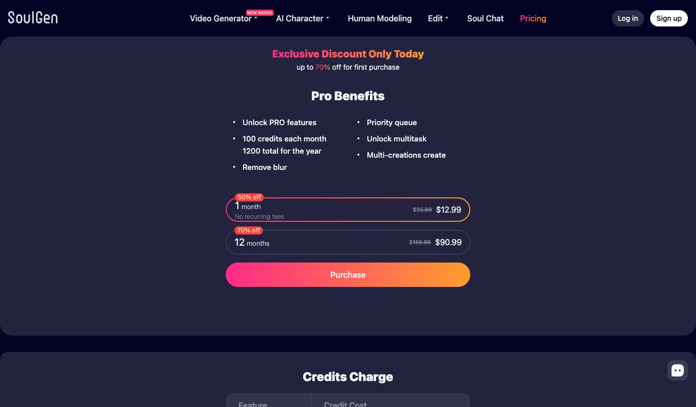 SoulGen pricing page